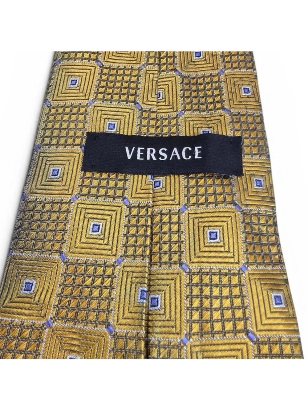 Versace Geometric Silk Necktie Gold Blue Squares Luxury Made In Italy